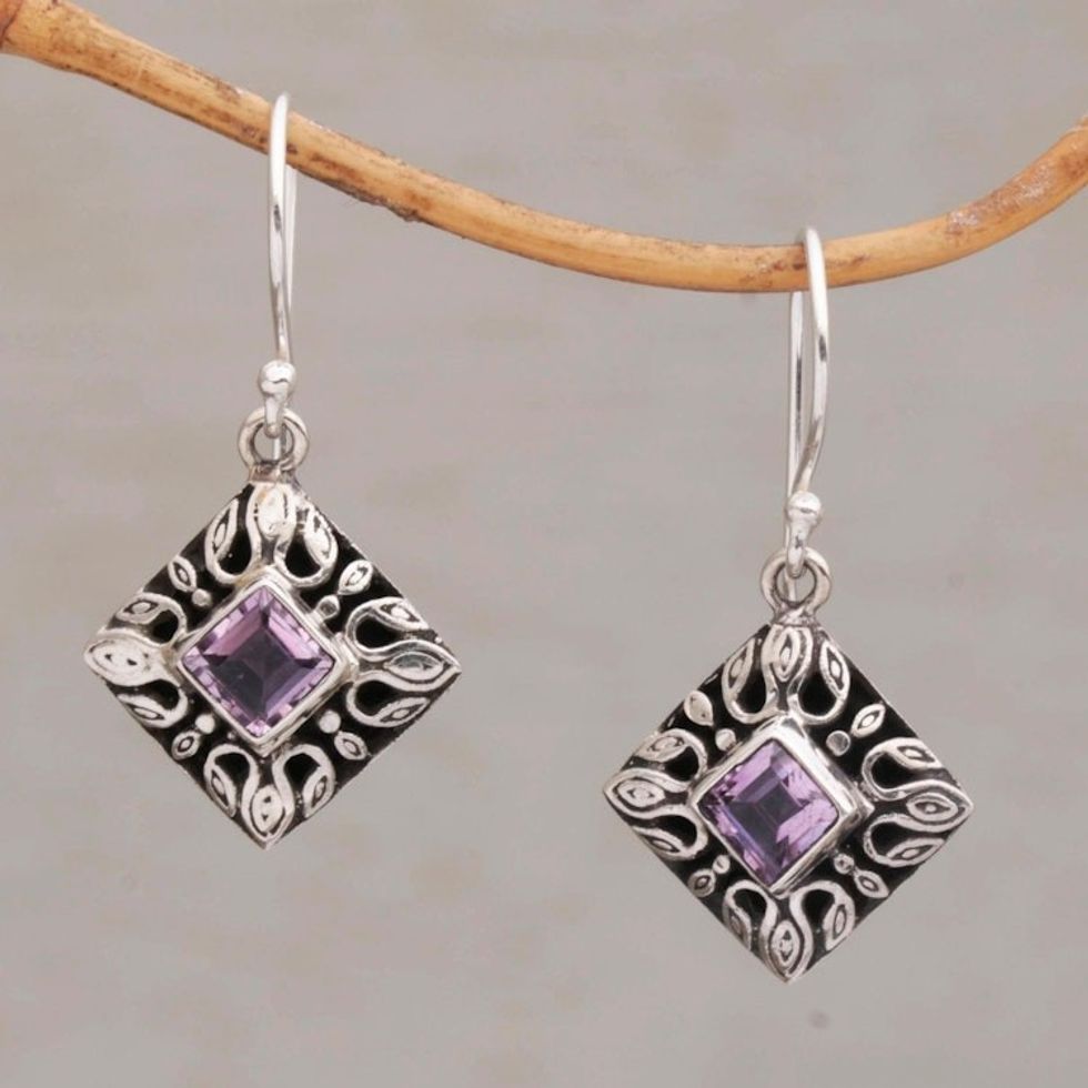 Sterling Silver and Amethyst Dangle Earrings from Bali 'Blessed Window'