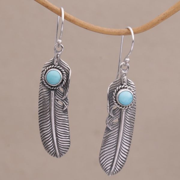 Alternate image for Turquoise and 925 Silver Feather Dangle Earrings from Bali Turquoise Transcendence