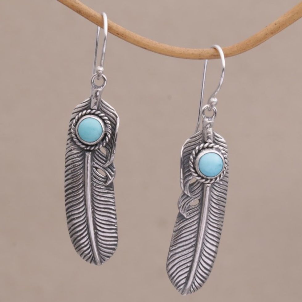 Turquoise and 925 Silver Feather Dangle Earrings from Bali 'Turquoise Transcendence'