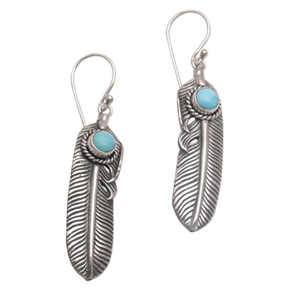 Alternate image for Turquoise and 925 Silver Feather Dangle Earrings from Bali Turquoise Transcendence