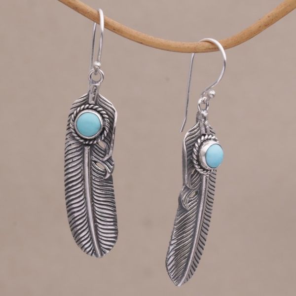 Alternate image for Turquoise and 925 Silver Feather Dangle Earrings from Bali Turquoise Transcendence