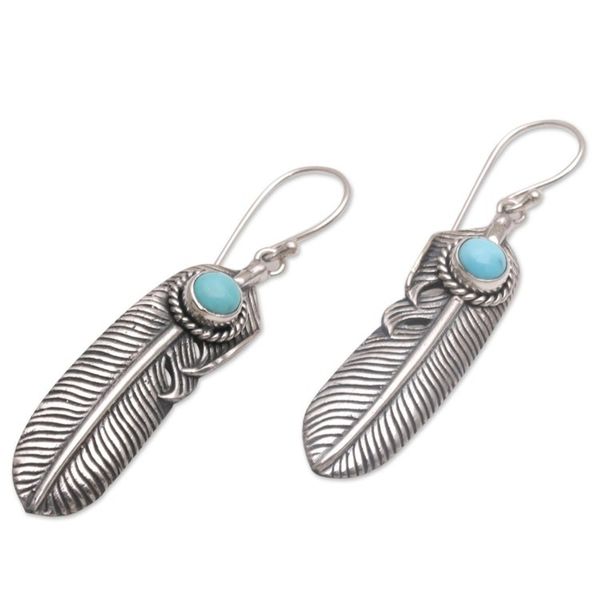 Alternate image for Turquoise and 925 Silver Feather Dangle Earrings from Bali Turquoise Transcendence