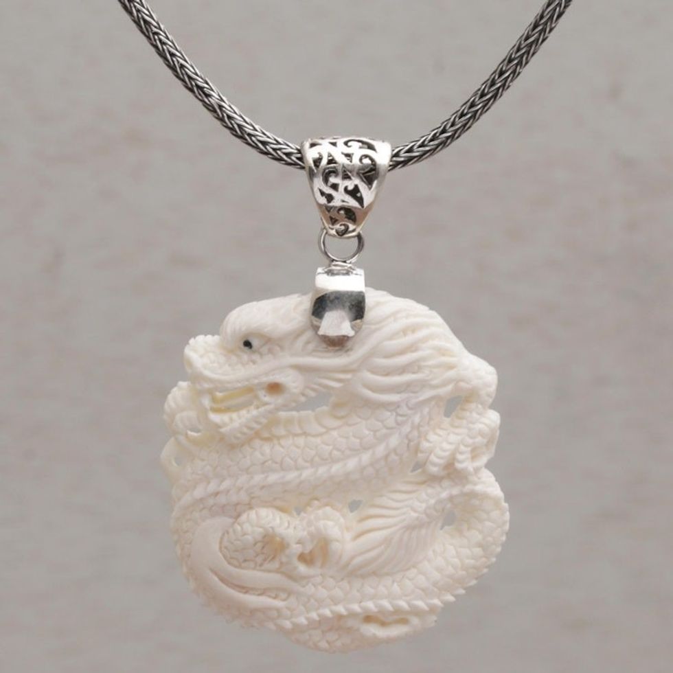 Sterling Silver and Bone Dragon Pendant Necklace from Bali 'Sky Guardian'