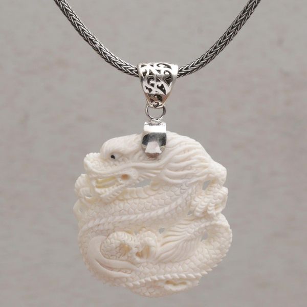 Alternate image for Sterling Silver and Bone Dragon Pendant Necklace from Bali Sky Guardian