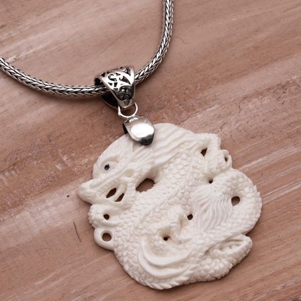 Alternate image for Sterling Silver and Bone Dragon Pendant Necklace from Bali Sky Guardian