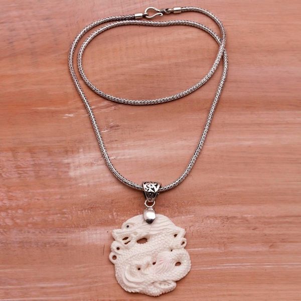 Alternate image for Sterling Silver and Bone Dragon Pendant Necklace from Bali Sky Guardian
