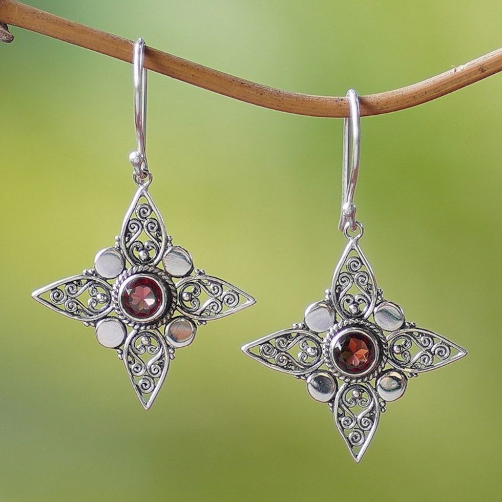 Sterling Silver Garnet Dangle Earrings from Indonesia 'Four-Pointed Stars'
