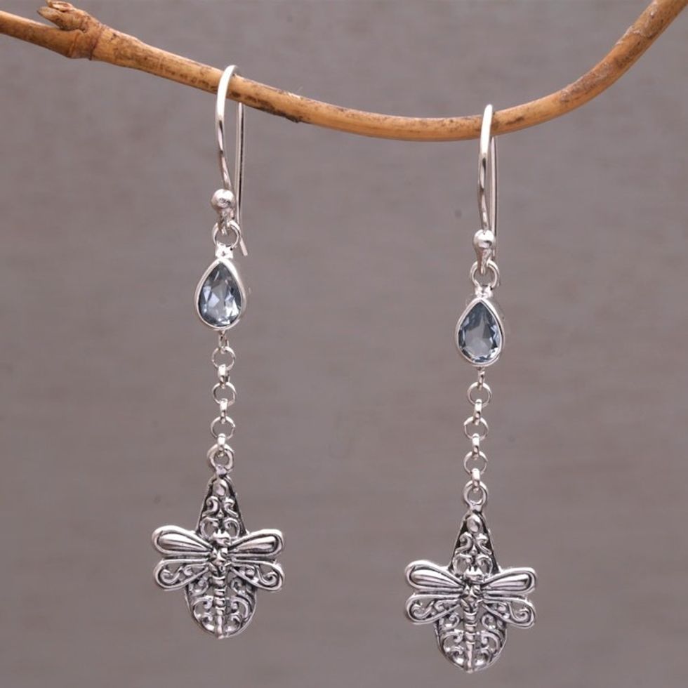 Handmade 925 Sterling Silver Blue Topaz Dragonfly Earrings 'Dragonfly Altar'