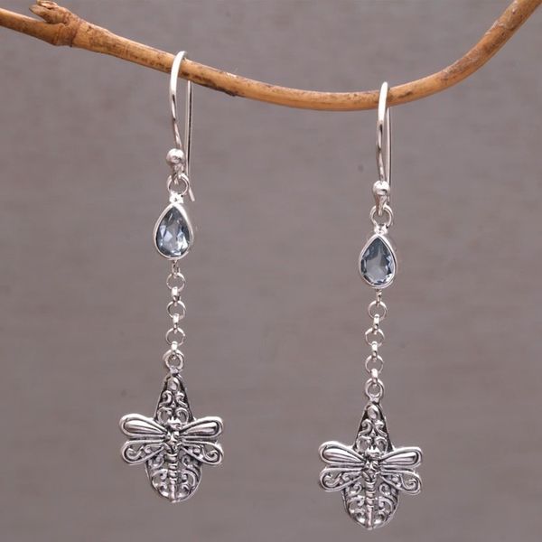 Alternate image for Handmade 925 Sterling Silver Blue Topaz Dragonfly Earrings Dragonfly Altar