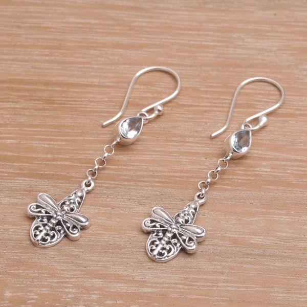 Alternate image for Handmade 925 Sterling Silver Blue Topaz Dragonfly Earrings Dragonfly Altar