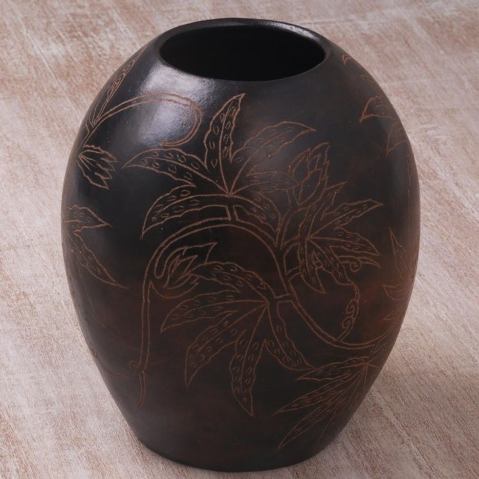 Handcrafted Decorative Coconut Motif Etched Terracotta Vase 'Coconut Vibe'