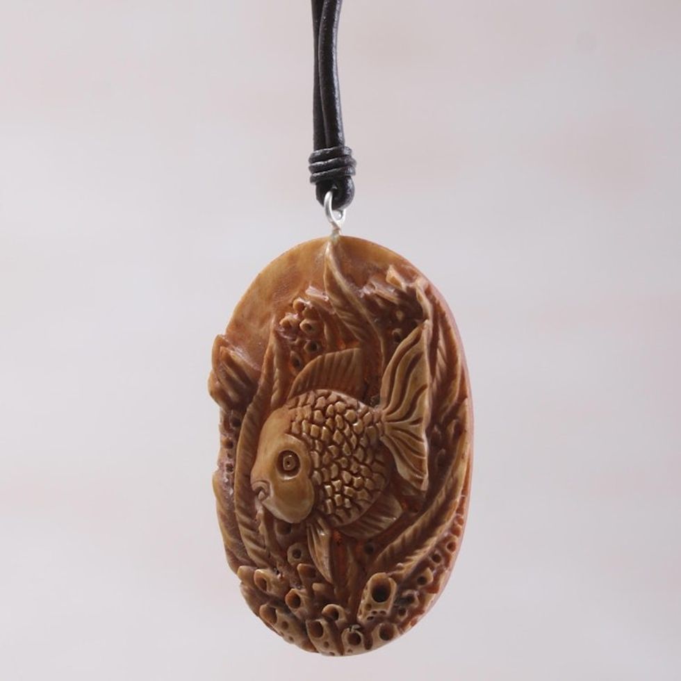 Bone and Leather Sea Life Pendant Necklace from Indonesia 'Sea Dweller'