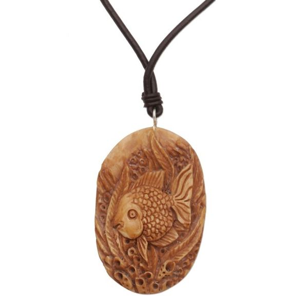 Alternate image for Bone and Leather Sea Life Pendant Necklace from Indonesia Sea Dweller