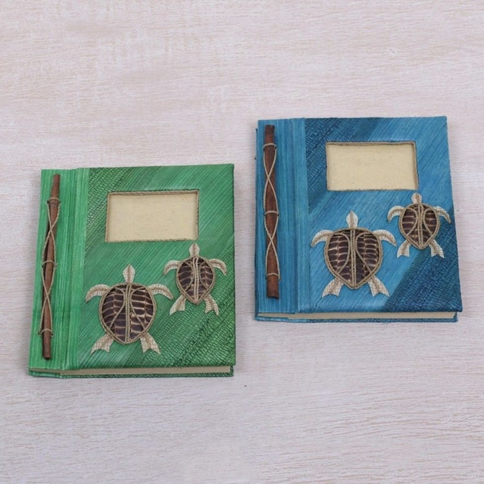 Two Green and Blue Natural Fiber Indonesian Turtle Journals 'Turtle Memories'