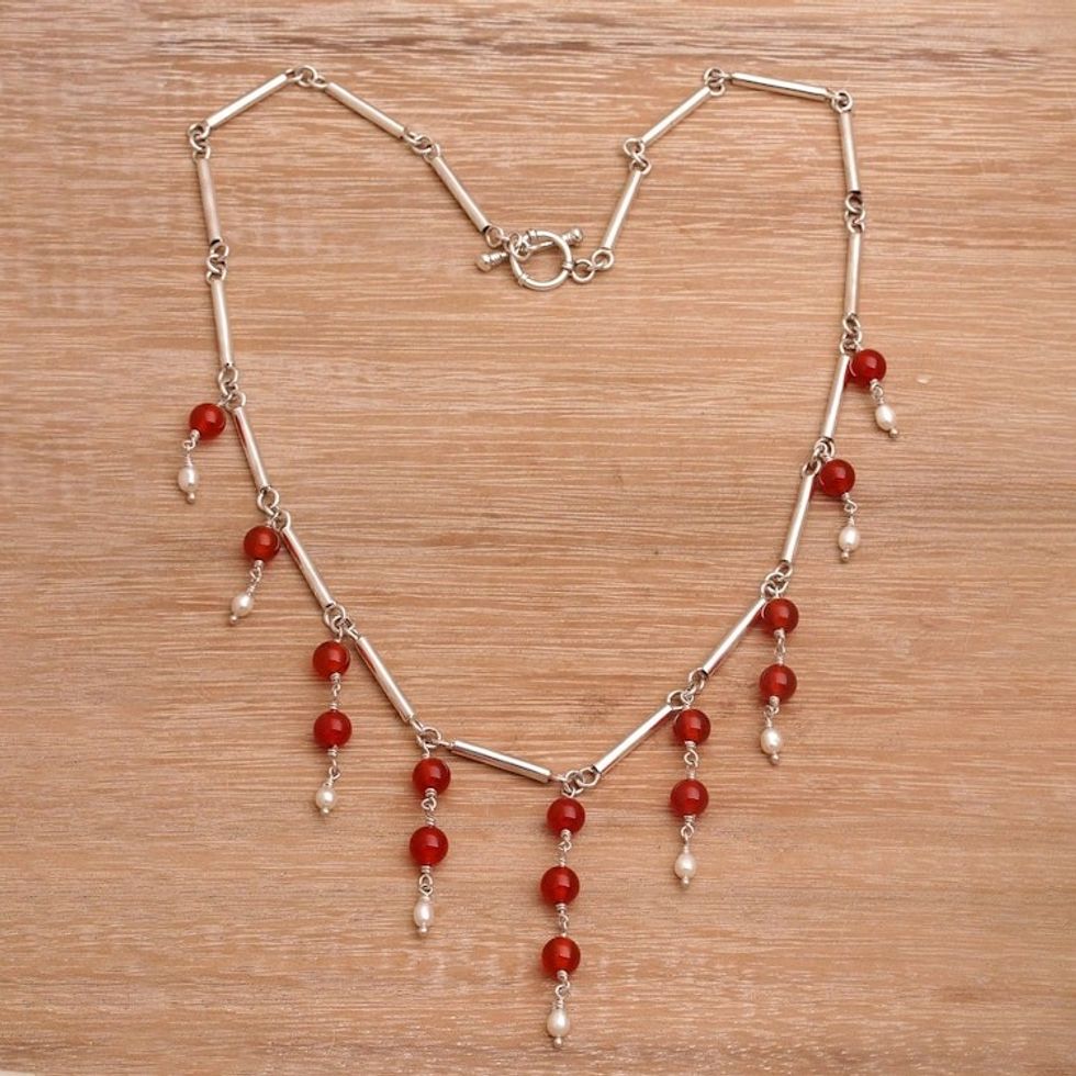 Cultured Freshwater Pearl and Carnelian Waterfall Necklace 'Bali Allure'