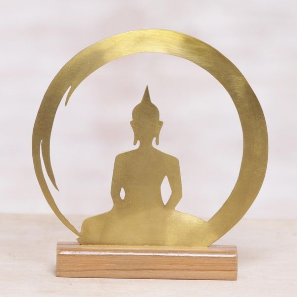 Alternate image for Brass and Teak Wood Silhouette Sculpture of Buddha Sitting Buddha Dome