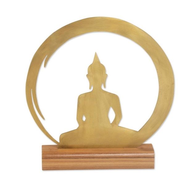 Alternate image for Brass and Teak Wood Silhouette Sculpture of Buddha Sitting Buddha Dome