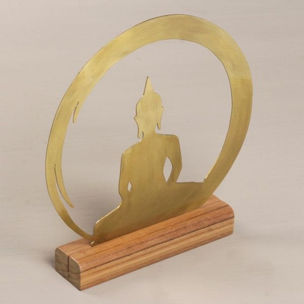 Alternate image for Brass and Teak Wood Silhouette Sculpture of Buddha Sitting Buddha Dome