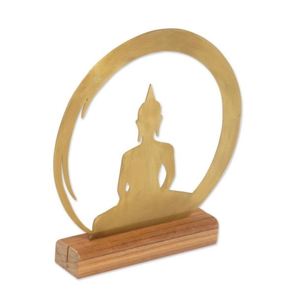 Alternate image for Brass and Teak Wood Silhouette Sculpture of Buddha Sitting Buddha Dome