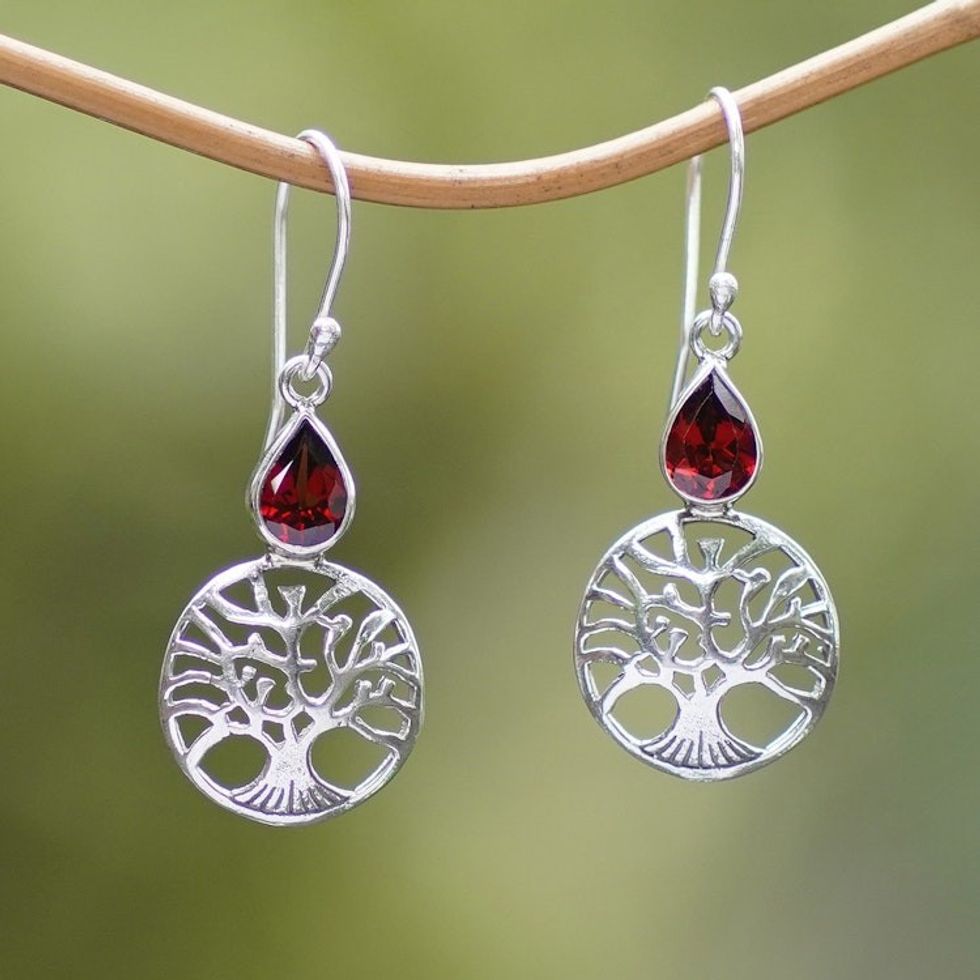 Handmade Sterling Silver Peach Tree Earrings with Garnet 'Peach Tree'