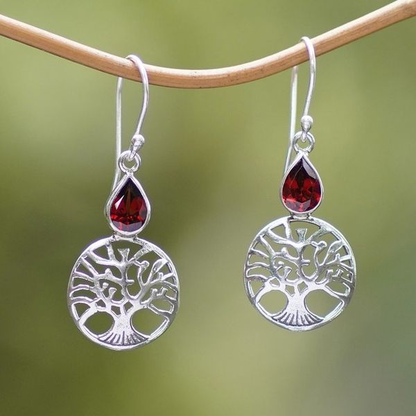 Alternate image for Handmade Sterling Silver Peach Tree Earrings with Garnet Peach Tree