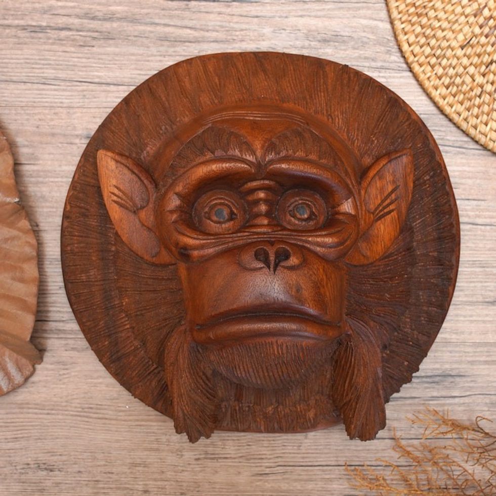 Handcrafted Suar Wood Chimpanzee Mask from Bali 'Alpha Chimpanzee'
