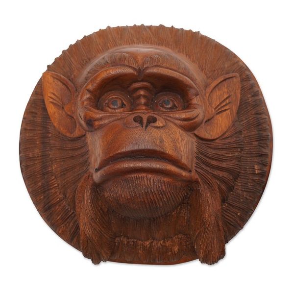 Alternate image for Handcrafted Suar Wood Chimpanzee Mask from Bali Alpha Chimpanzee