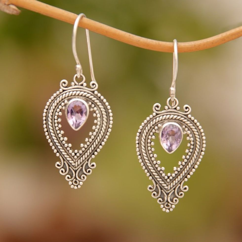 Sterling Silver Amethyst Balinese Dangle Earrings Indonesia 'Bali Honor in Purple'