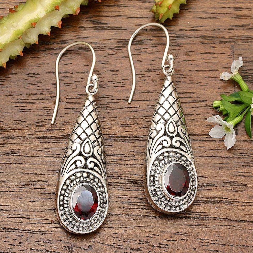 Handcrafted Garnet and Sterling Silver Dangle Earrings 'Sparkling Delight'