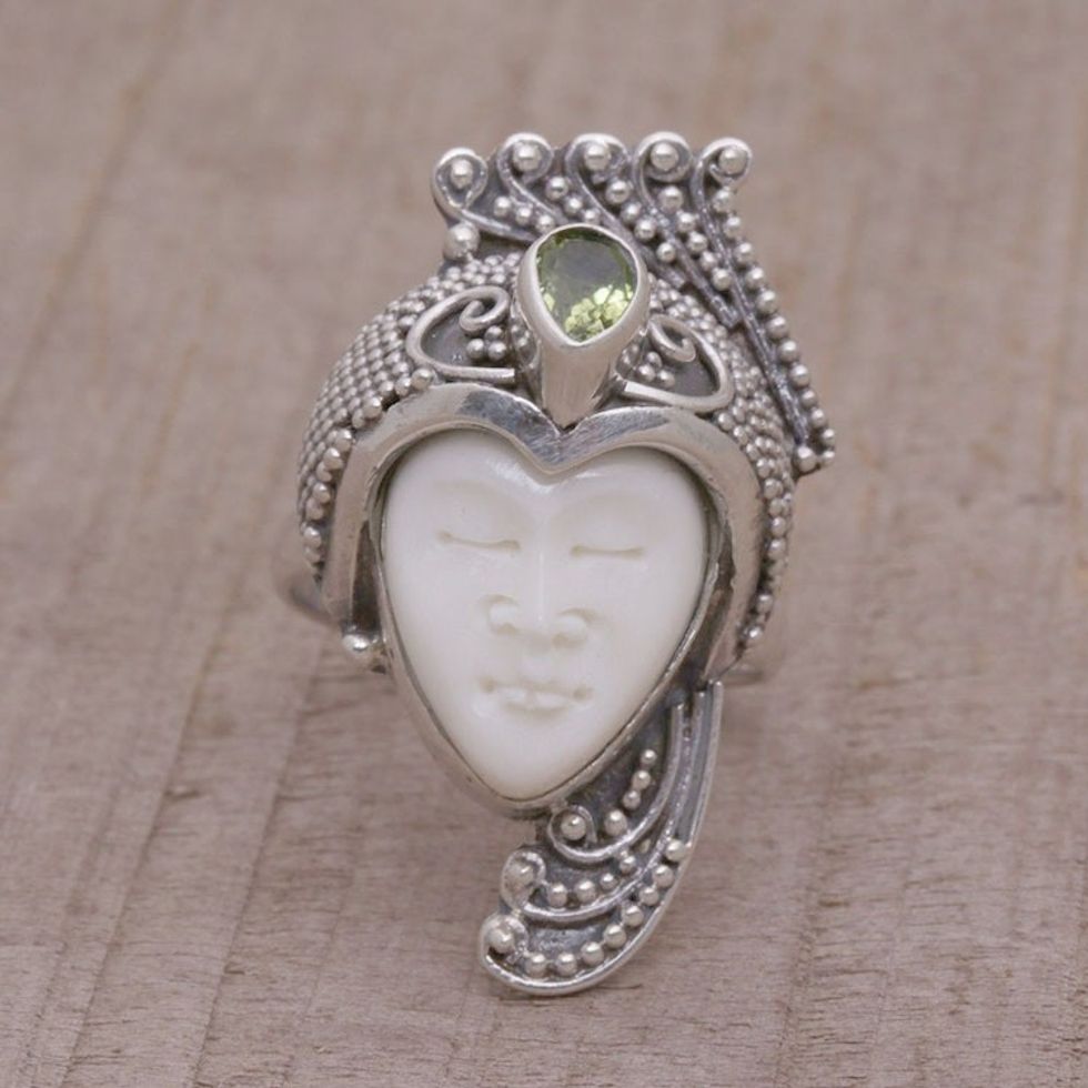 Peridot Sterling Silver and Bone Face Ring from Bali 'Peacock Prince'