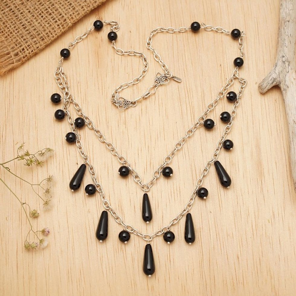 Onyx and Sterling Silver Pendant Necklace from Indonesia 'Sophisticated Princess'