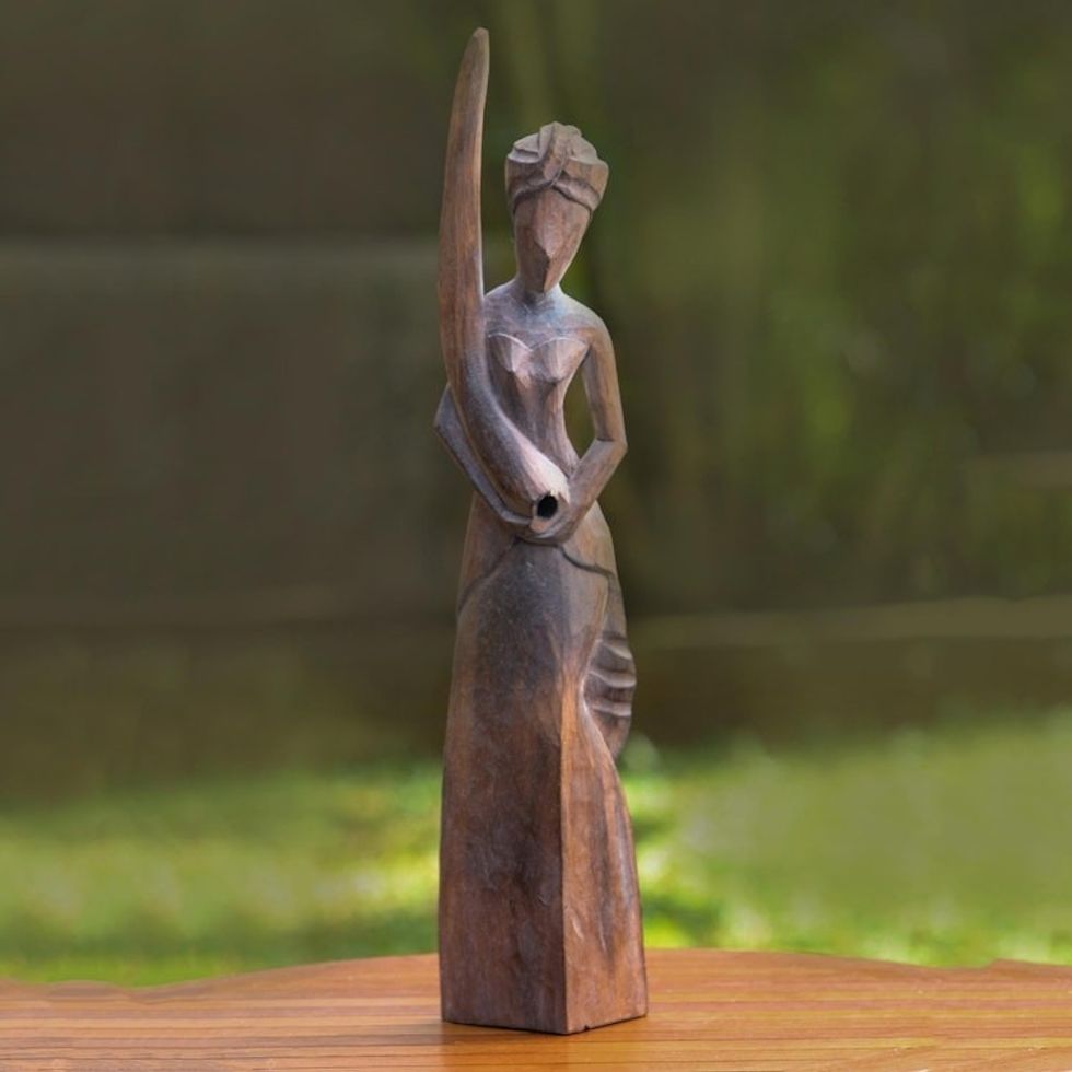 Rustic Wood Statuette of Woman with Didgeridoo 'Didgeridoo Woman'