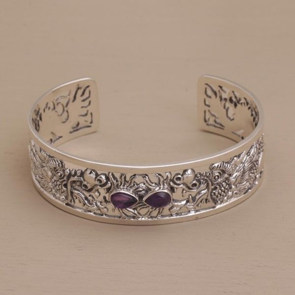 Alternate image for Dragon Themed Sterling Silver and Amethyst Cuff Bracelet Dragon Duel