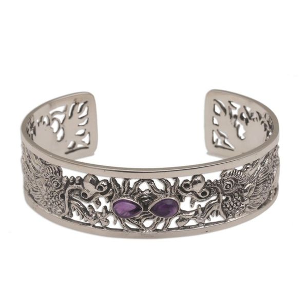Alternate image for Dragon Themed Sterling Silver and Amethyst Cuff Bracelet Dragon Duel