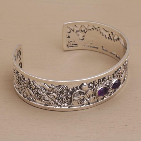 Alternate image for Dragon Themed Sterling Silver and Amethyst Cuff Bracelet Dragon Duel