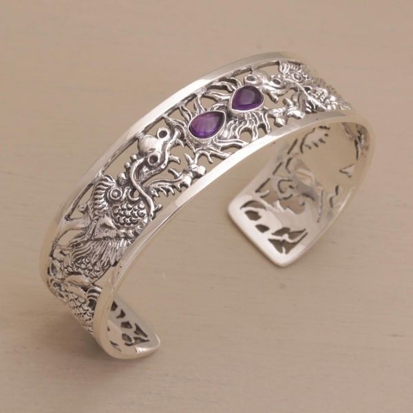 Alternate image for Dragon Themed Sterling Silver and Amethyst Cuff Bracelet Dragon Duel