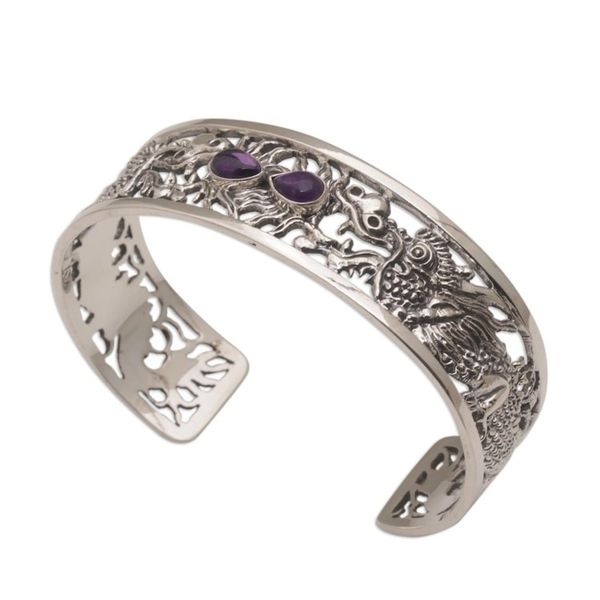 Alternate image for Dragon Themed Sterling Silver and Amethyst Cuff Bracelet Dragon Duel