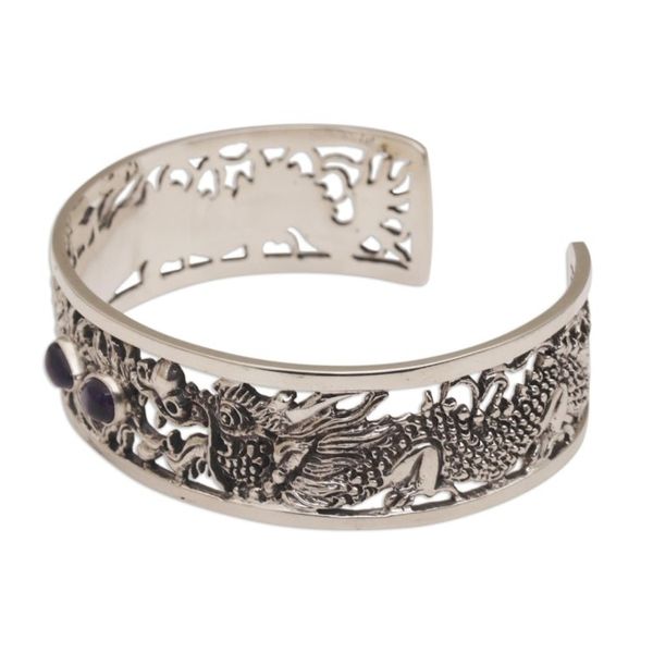 Alternate image for Dragon Themed Sterling Silver and Amethyst Cuff Bracelet Dragon Duel