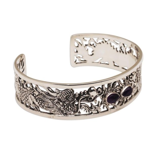 Alternate image for Dragon Themed Sterling Silver and Amethyst Cuff Bracelet Dragon Duel