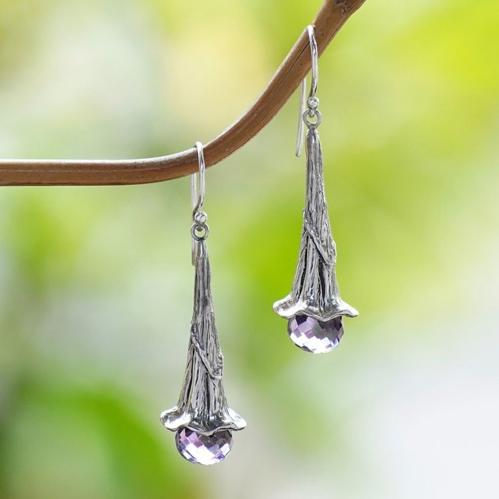 Amethyst and Sterling Silver Floral Earrings from Bali 'Petal Drops'