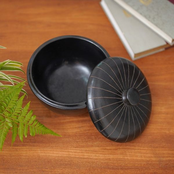 Alternate image for Indonesian Hand Crafted Black Terracotta Ceramic Lidded Bowl Lombok Path