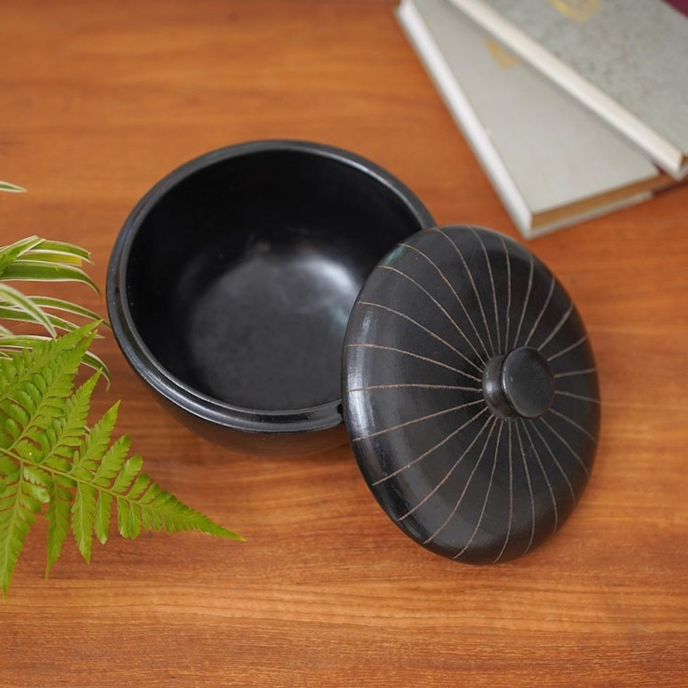Indonesian Hand Crafted Black Terracotta Ceramic Lidded Bowl 'Lombok Path'