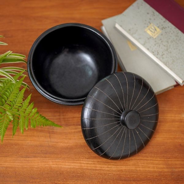 Alternate image for Indonesian Hand Crafted Black Terracotta Ceramic Lidded Bowl Lombok Path