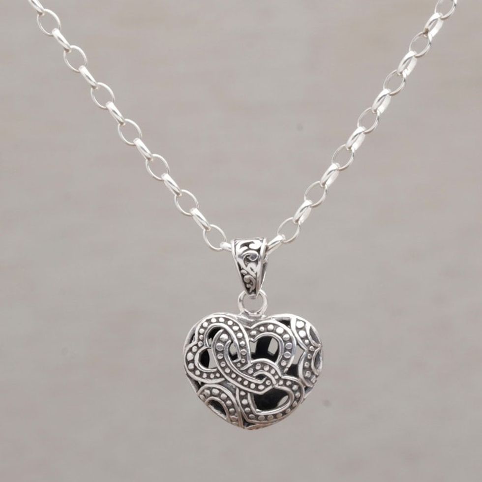 Sterling Silver Openwork Heart Necklace from Bali 'Embraced by Love'
