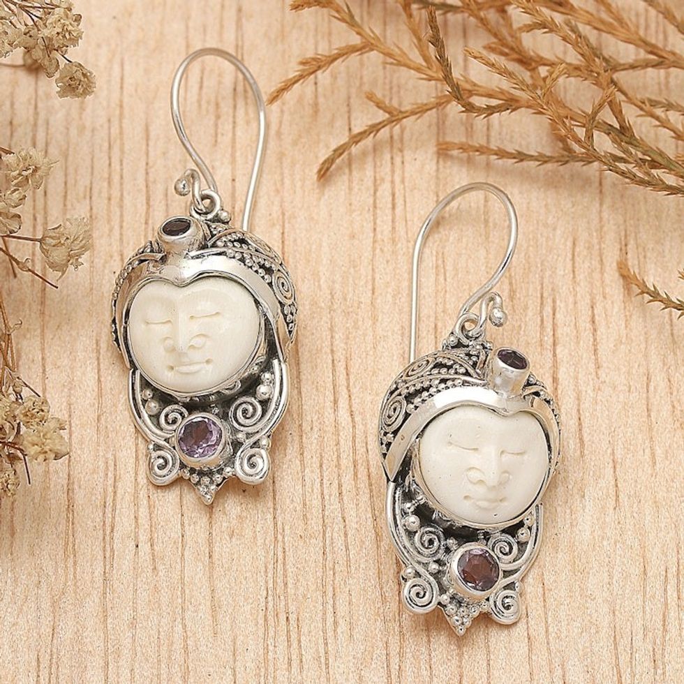 Amethyst and Cow Bone Sterling Silver Celuk Dangle Earrings 'Celuk Prince'