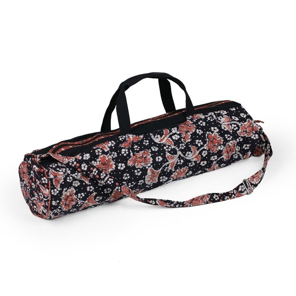 Handcrafted Javanese Cotton Batik Yoga Mat Bag 'Stars and Roses'