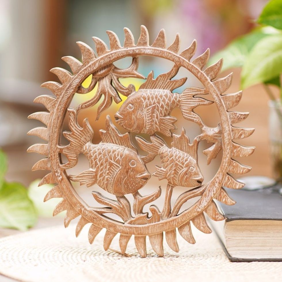 Hand Carved Wood Fish Wall Relief Panel from Indonesia 'Koi Trio'