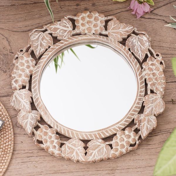 Alternate image for Grape Motif Round Wall Mirror with Distressed Finish Buleleng Bouquet