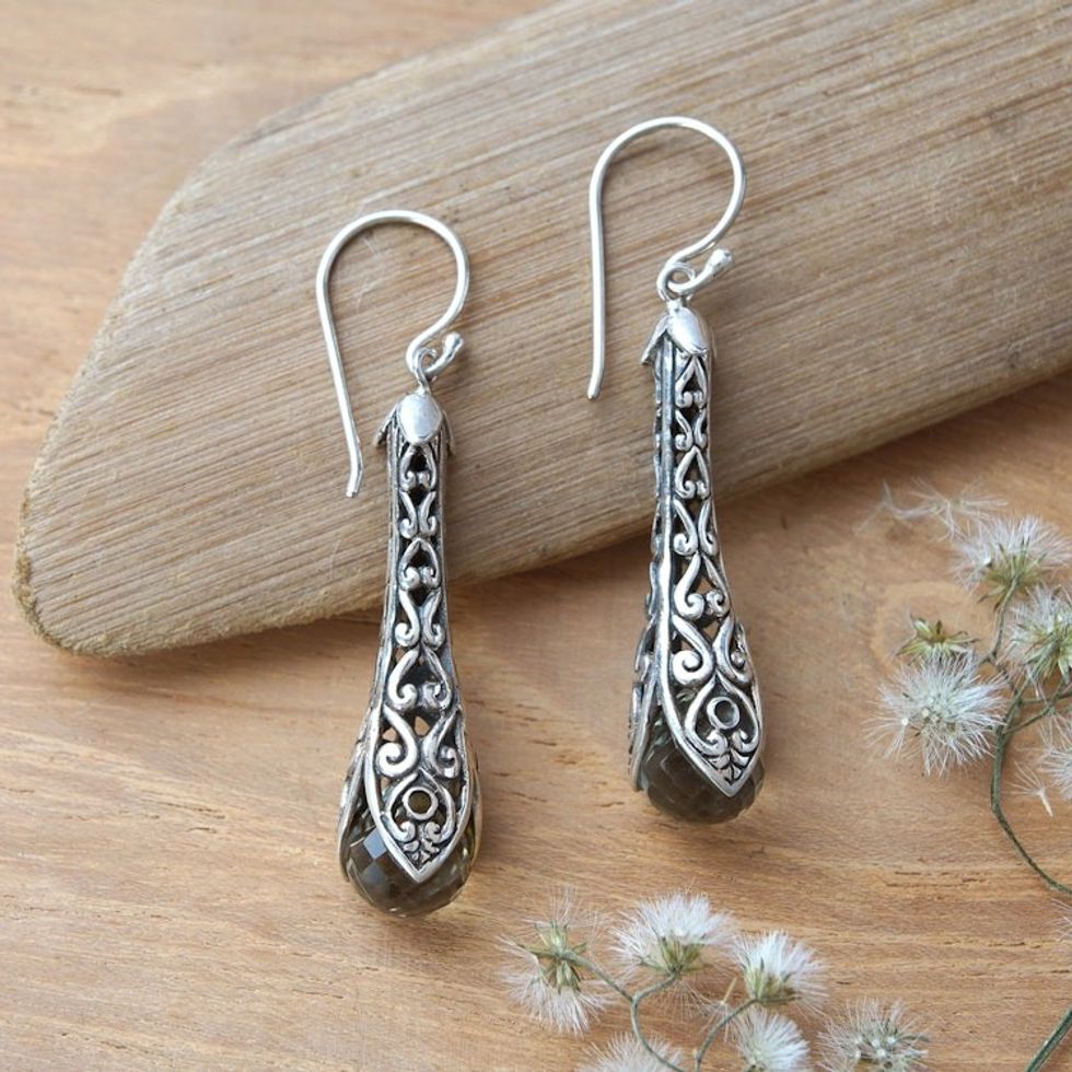 925 Sterling Silver and Prasiolite Dangle Earrings from Bali 'Misty Spirals'