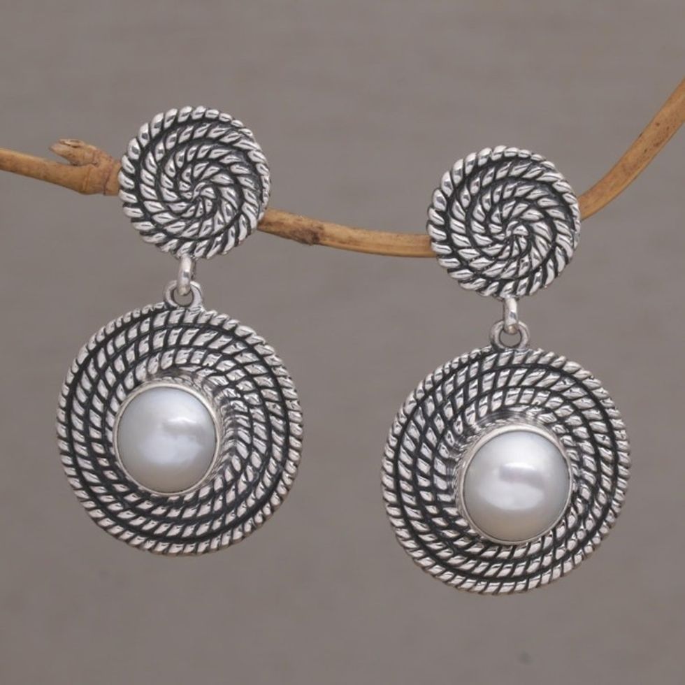 Spiral Motif Cultured Pearl Dangle Earrings from Bali 'Moonlight Spirals'